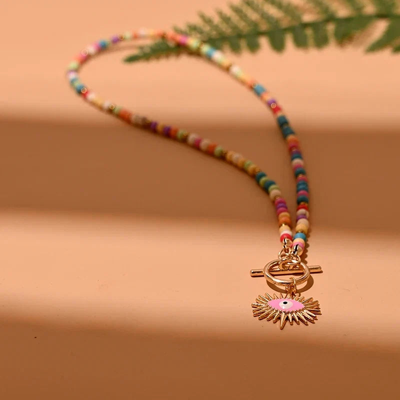 Colorful Stone Choker Necklace | Round Evil Charm Pendant for Women