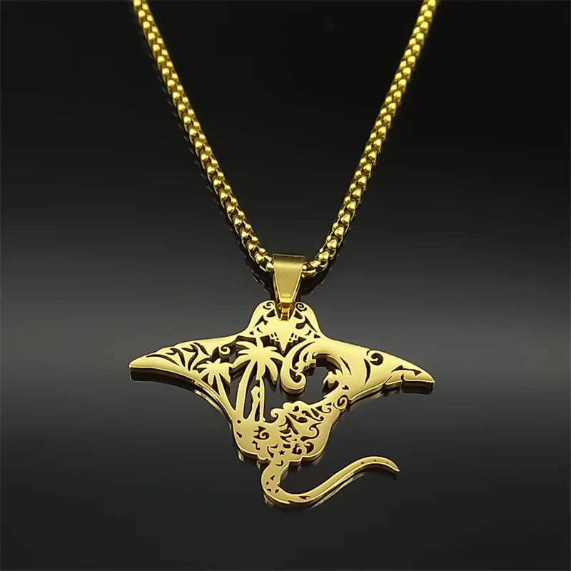Manta Ray Sea Devil Fish Pendant Necklace | Stainless Steel Gold Silver Color Chain Jewelry