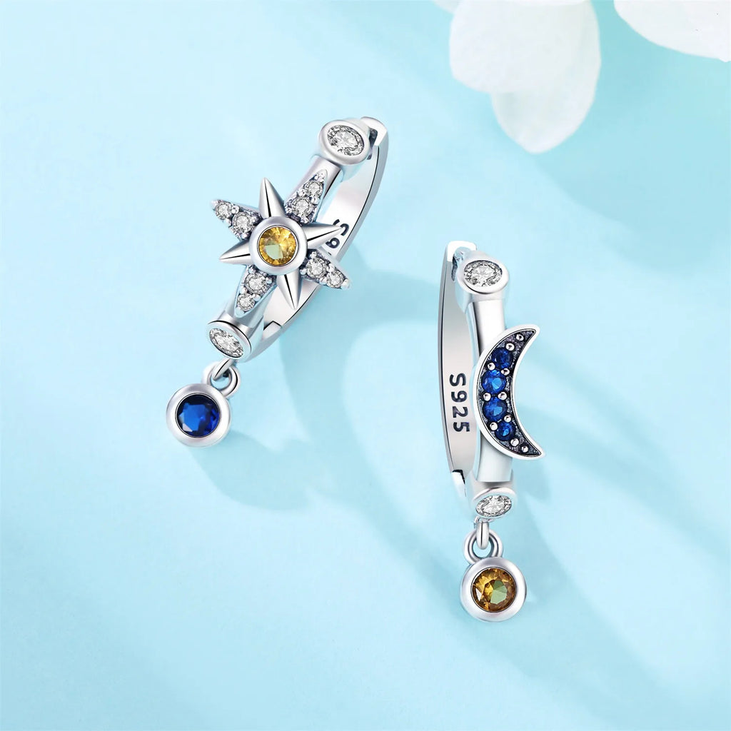 925 Sterling Silver Star Moon Hoop Earrings | Fine Jewelry Gift for Women