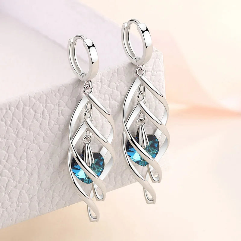 925 Silver Blue Crystal Drop Earrings | Hollow Long Dangle Earrings for Women