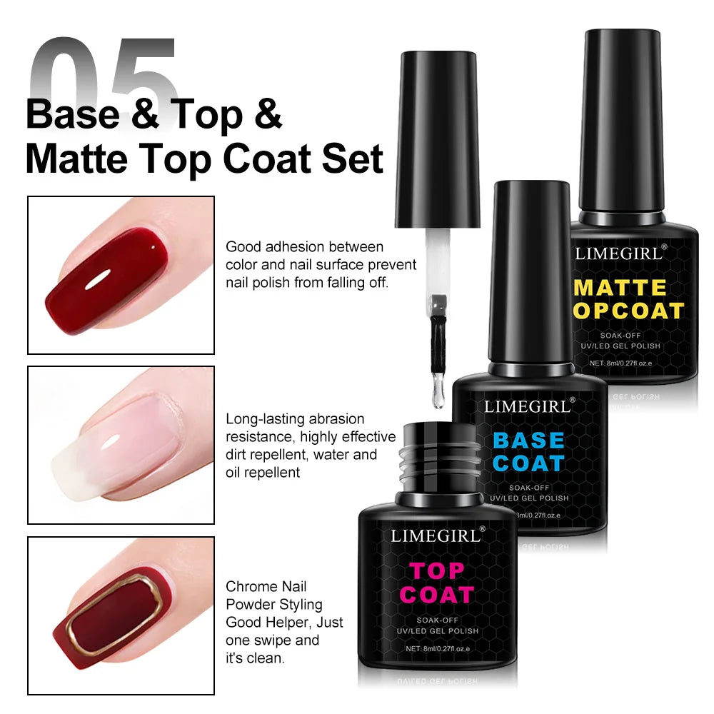 LIMEGIRL 8ml Soak Off Matte Top Base Coat | UV Gel Nail Polish for Manicure