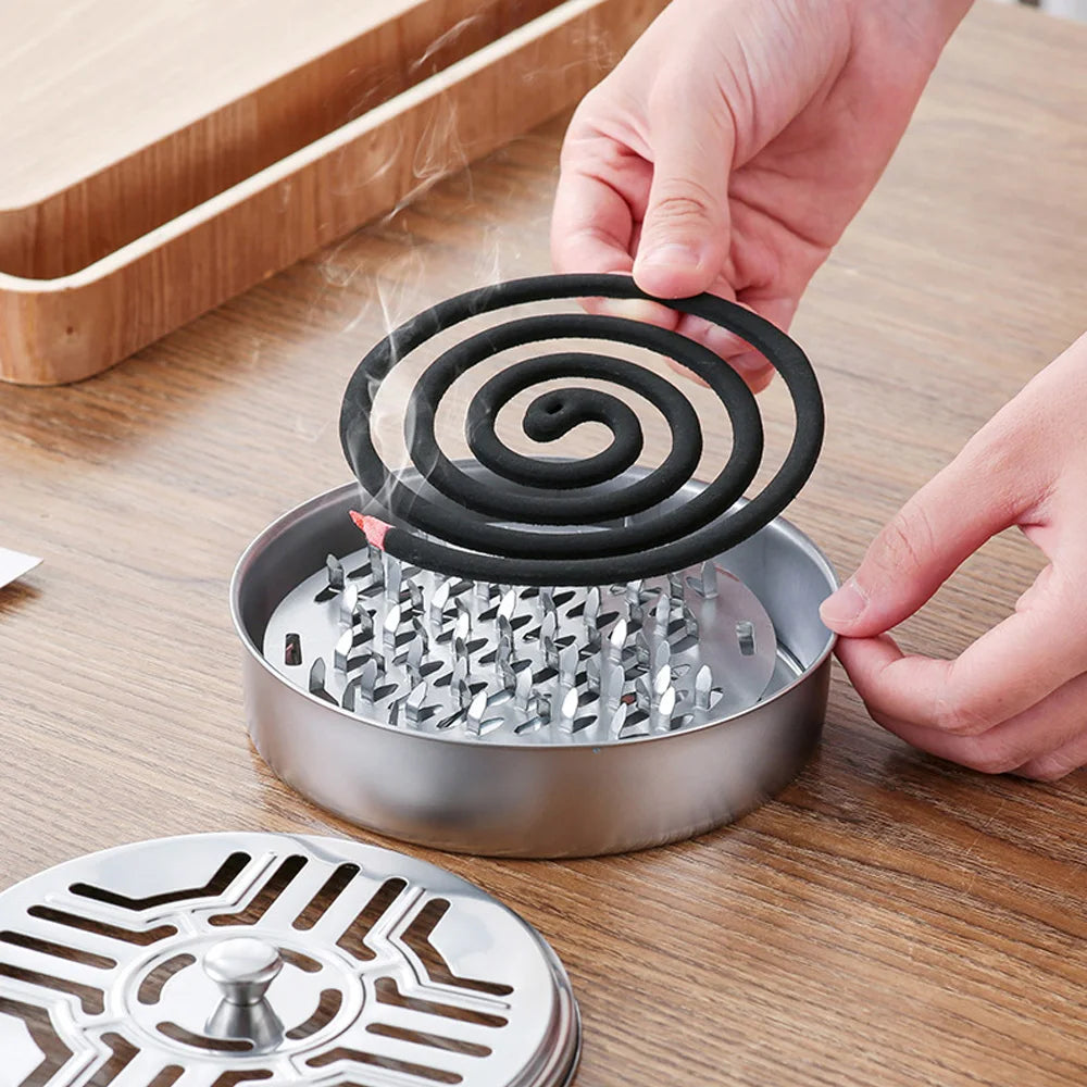 Mosquito Coils Holder Stainless Steel Mosquito Coil Box with Cover | Round Mosquito Coil Tray Easy To Clean Anti-Mosquito Supplies