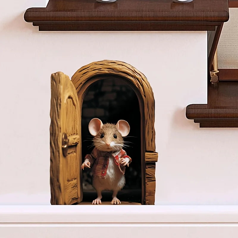 Whimsical 3D Mouse Hole Wall Decal | Adorable Red-Coated Mouse Peeking Design PVC Sticker