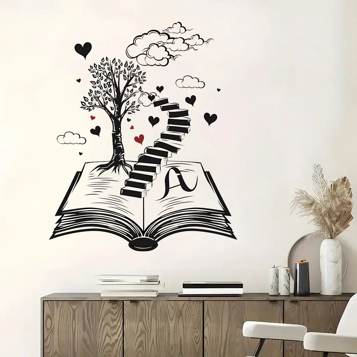 Wall Stickers for Living Room Bedroom | Creative Black Heart Book World Ladder Tree Wall Decals