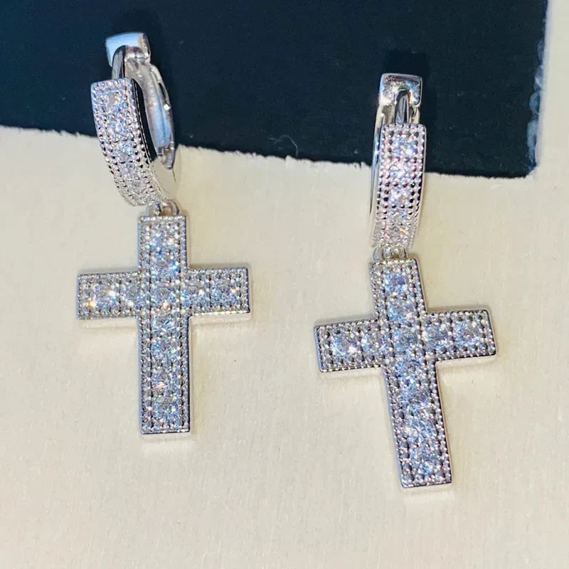 Huitan Cross Pendant Drop Earrings | Unisex Hip Hop Jewelry with Bright Zirconia