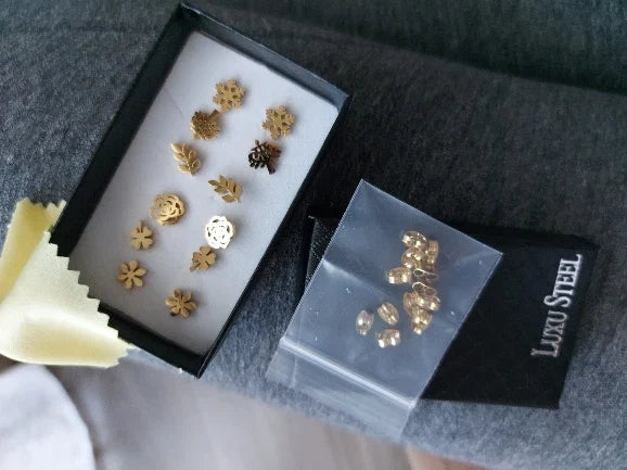 6 Pairs Vintage Stud Earrings Set for Women | Stainless Steel Snowflake Piercing