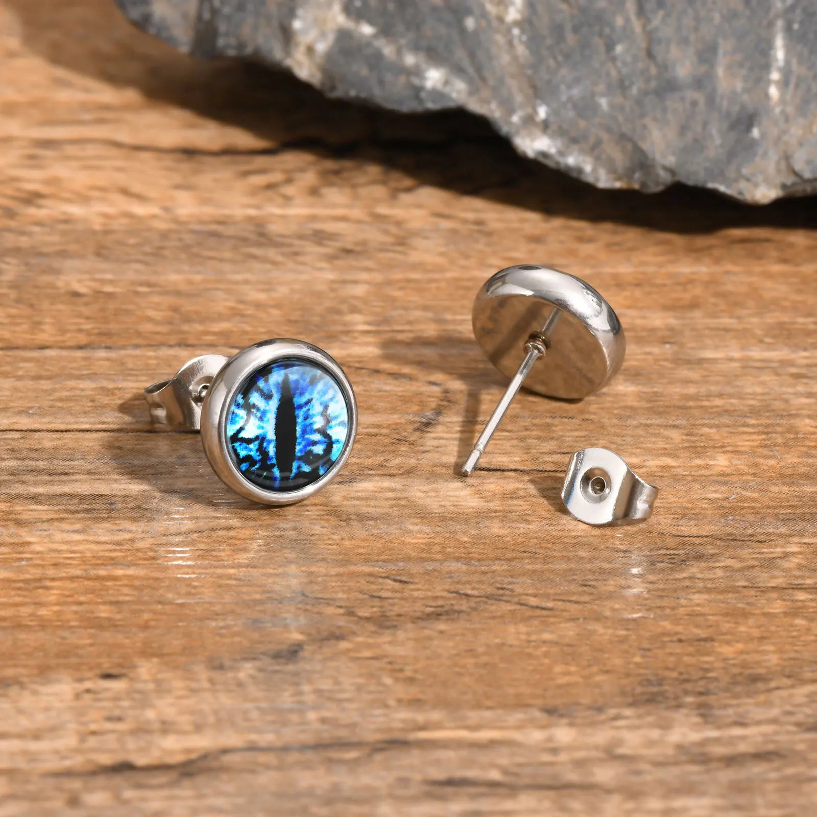 Blue Devil Eye Stud Earrings for Men | Stainless Steel Gothic Round Earrings