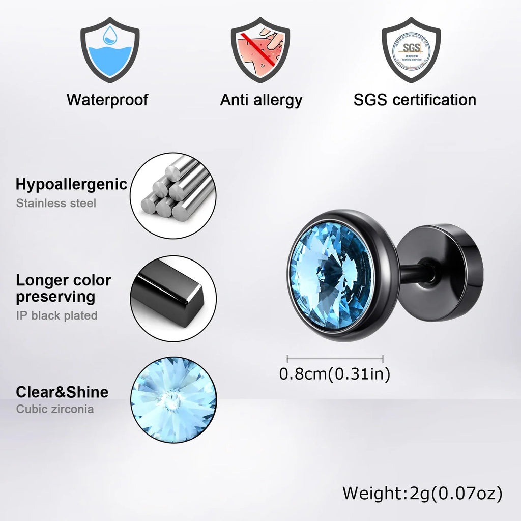 8mm Stainless Steel Screw Back Earrings for Men | Faceted Zircon Studs