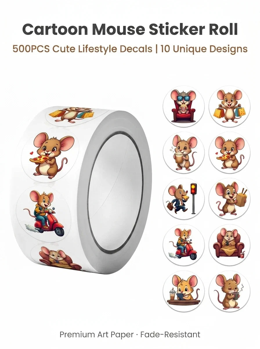 City Mouse Happy Life Stickers Roll 500Pcs | Cute Seal Labels for DIY Decor