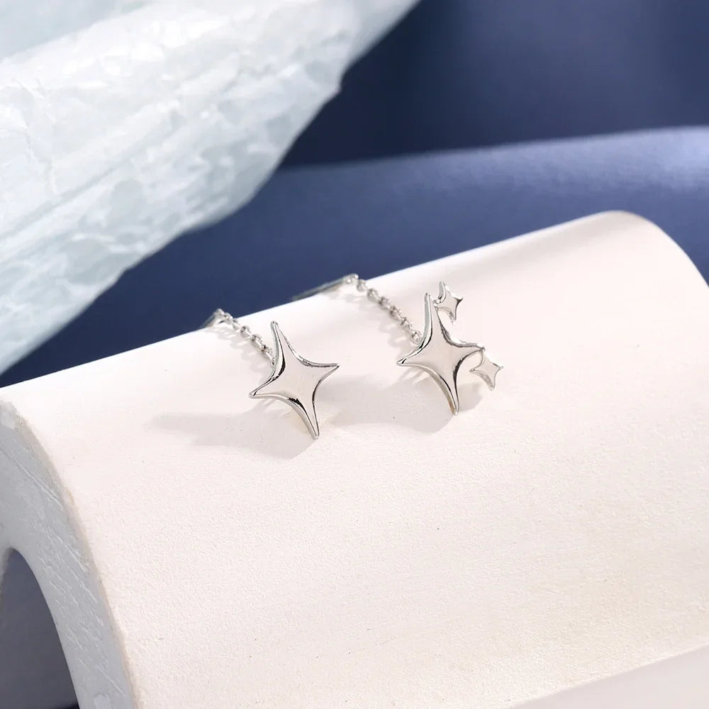 Ventfille 925 Sterling Silver Star Drop Earrings for Women | Simple Tassel Chain Office Jewelry