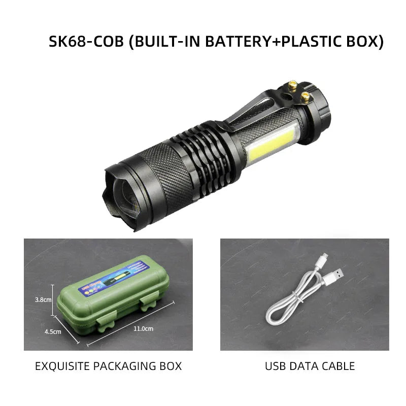 Mini XPE COB LED Flashlight | Rechargeable Dual Light Source for Hiking Camping and Fishing