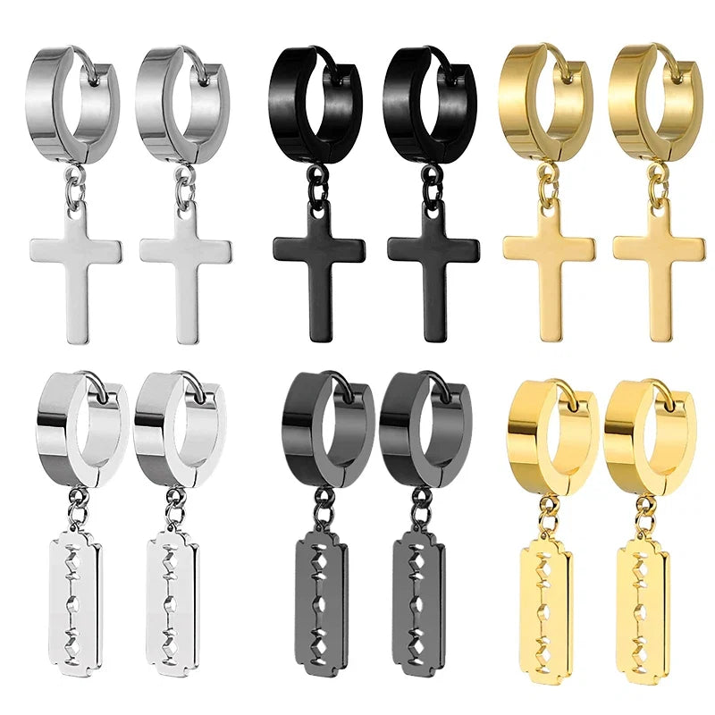 Black Cross Earrings for Men and Women | Stainless Steel Punk Stud Set