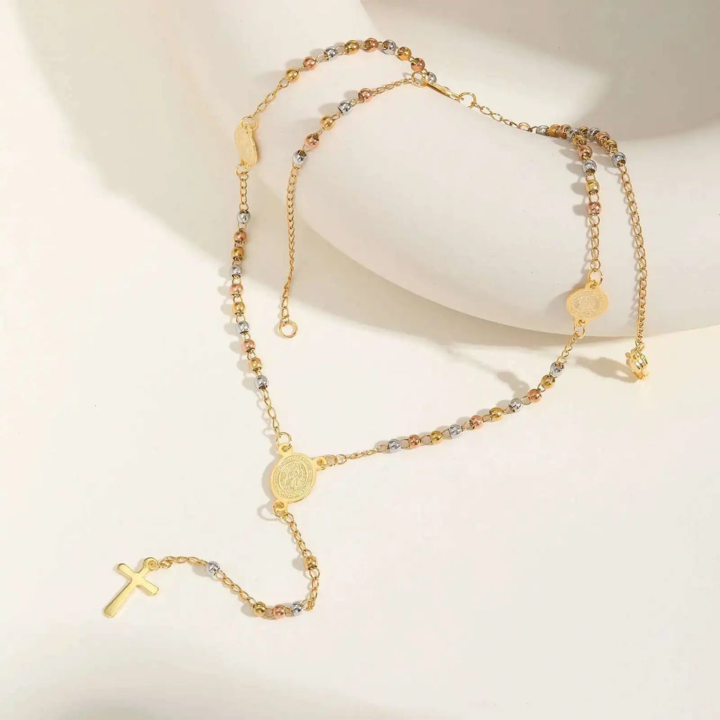 Prjewel Stainless Steel Three-Color Beaded Cross Pendant Y-Necklace | Faith-Inspired Fashion Jewelry