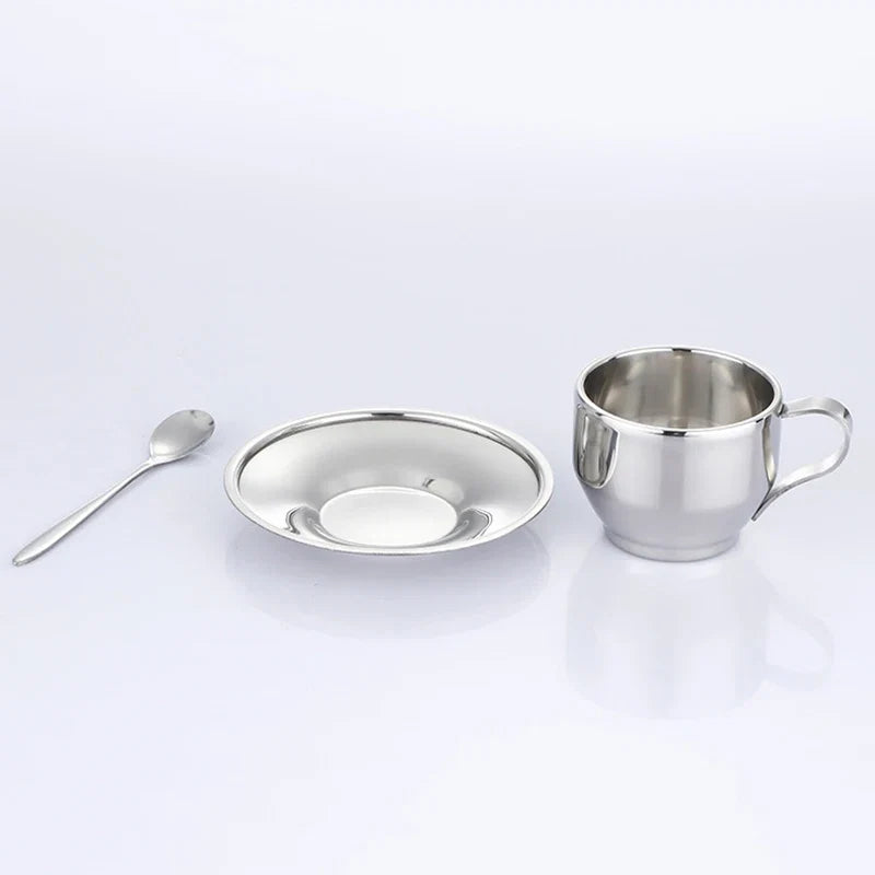 Double Wall Stainless Steel Coffee Cup Set | 180ml/200ml Hot Drink Set with Saucer and Spoon