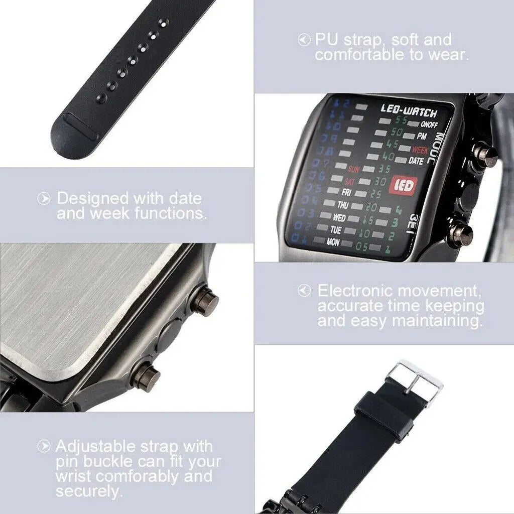 Binary Led Watch | Creative Waterproof Business Electronic Watch for Men with Luminous Display and Date Time