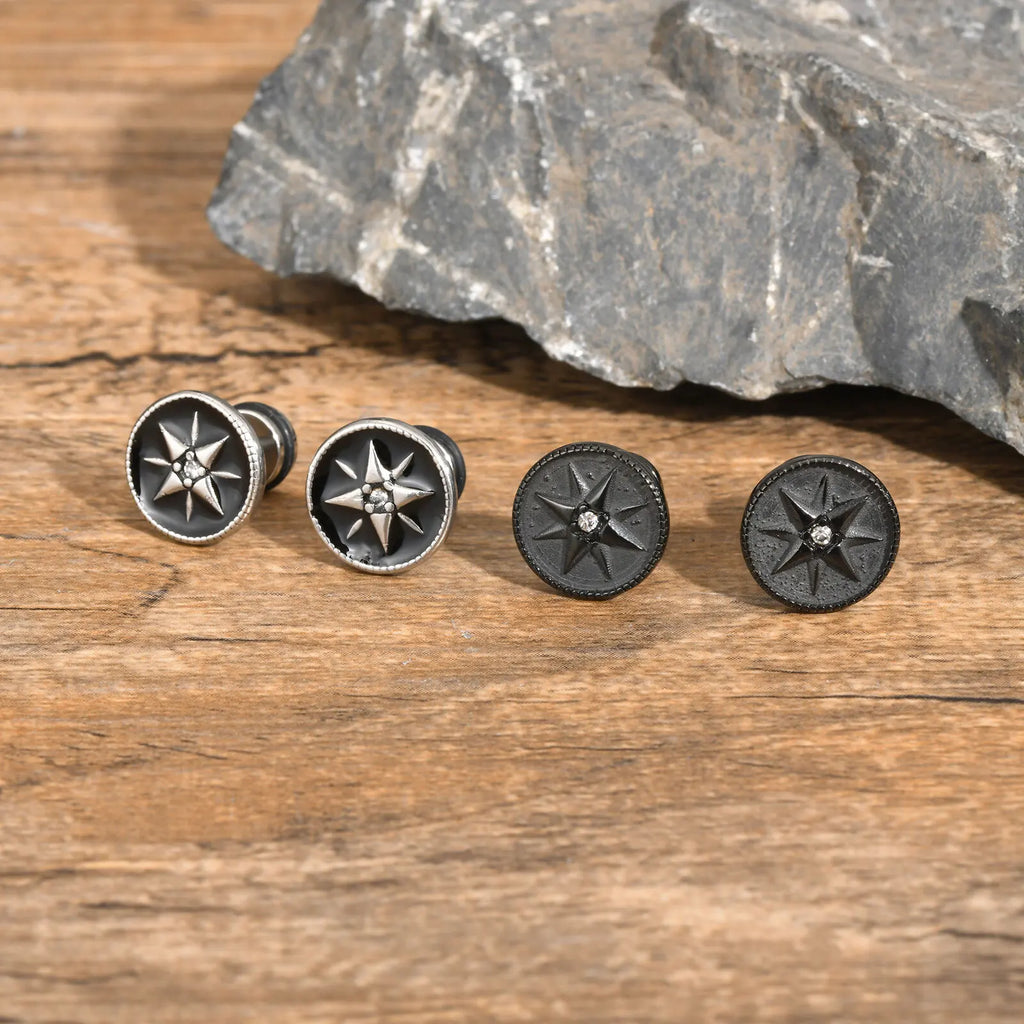 Black Compass Stud Earring for Men | Nautical Star with White Zircon