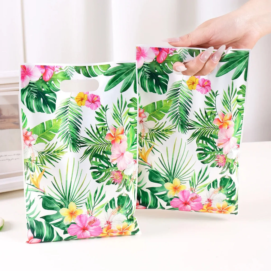 Tropical Hawaiian Party Tablecloth and Flamingo Decor Set | Plastic Table Runner and Candy Bags