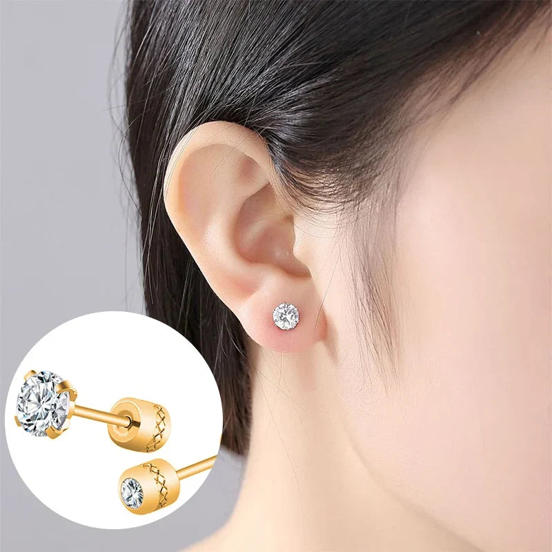 2 Piece Medical Stainless Steel Crystal Zircon Ear Studs | Hypoallergenic Tragus Cartilage Screw Piercing Jewelry