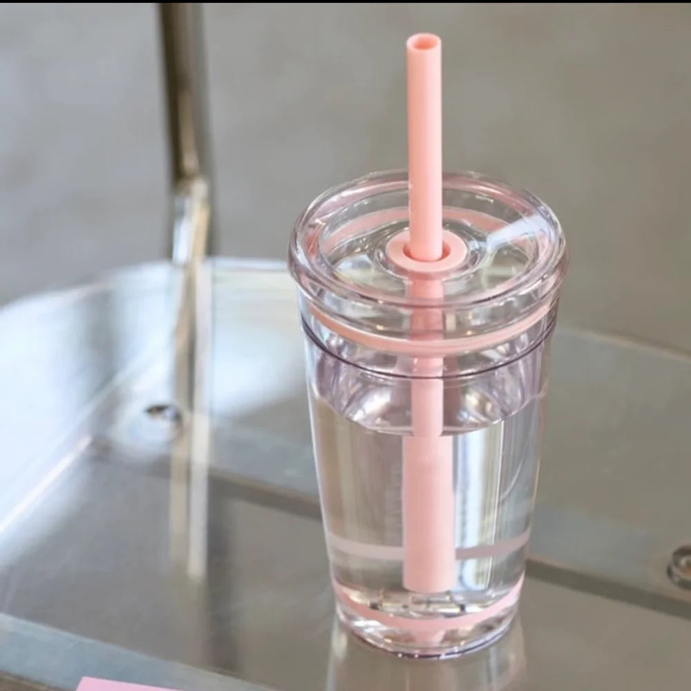 450ml Korean Style Straw Cup | Transparent Multi-Color Plastic Coffee Cup