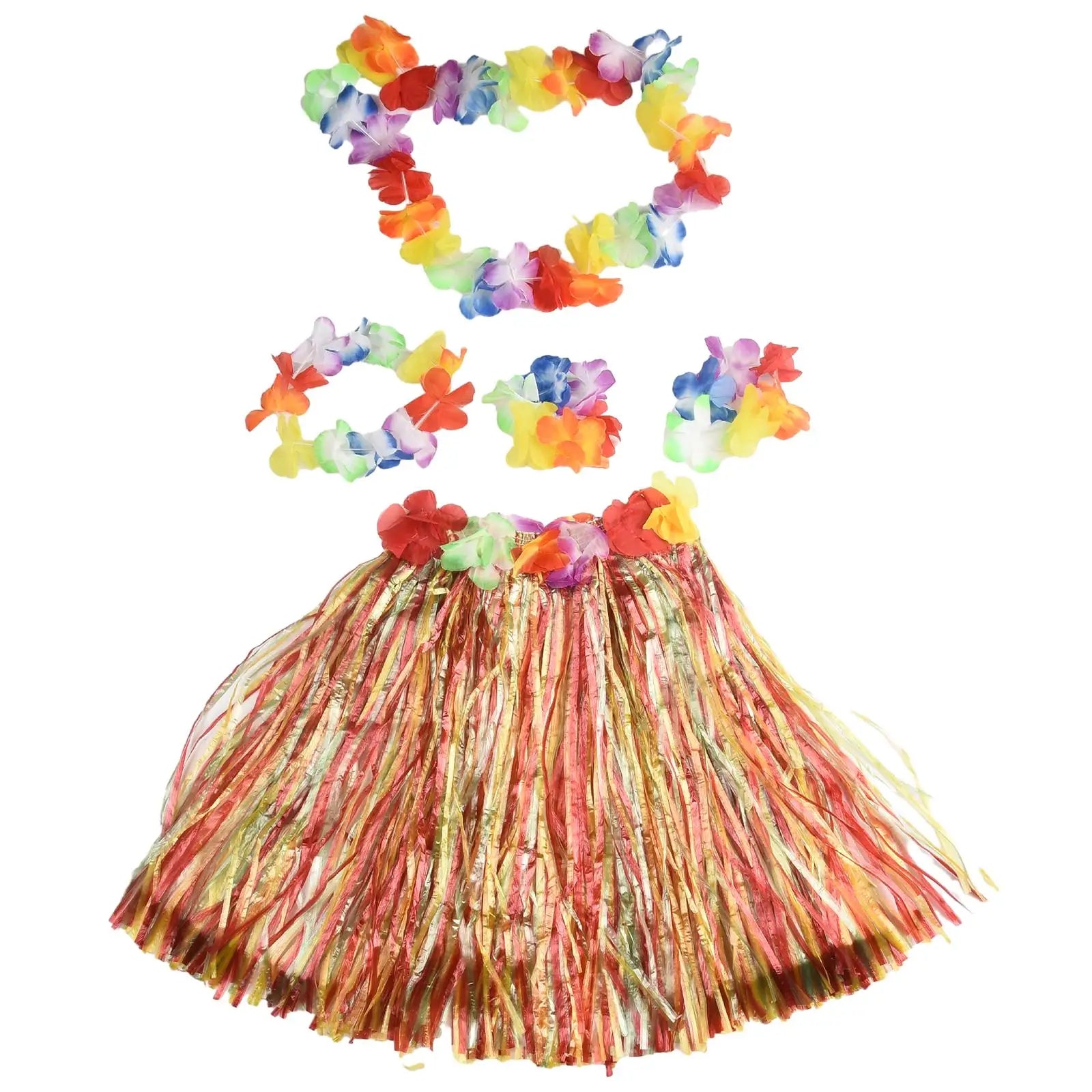 Kids Hawaiian Luau Costume Set | Grass Skirt Lei Flower Bracelets Headband
