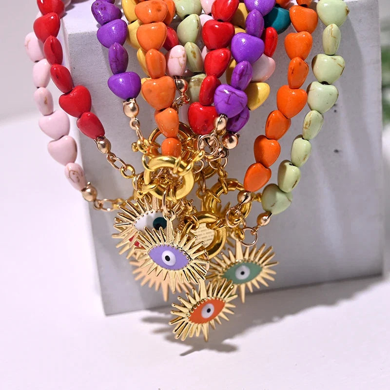 Heart Choker Necklace with Colorful Beads | Bohemian Eye Pendant Set for Women