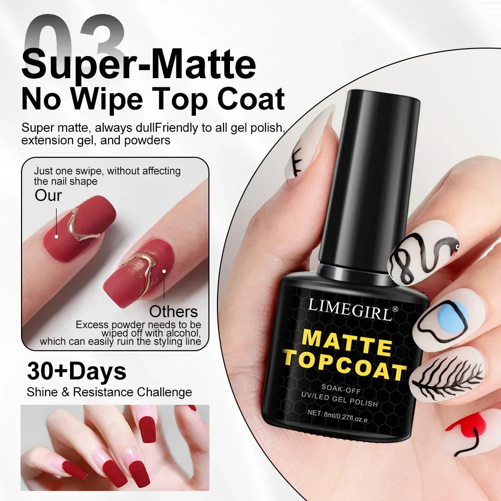 LIMEGIRL 8ml Soak Off Matte Top Base Coat | UV Gel Nail Polish for Manicure