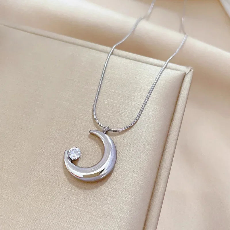 Crescent Moon Pendant Necklace | Vintage Stainless Steel Choker for Women