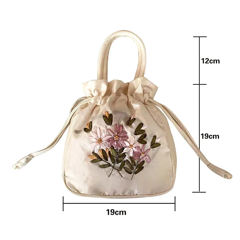 Small Embroidered Flower Bucket Bag | Women's Top Handle Drawstring Purse