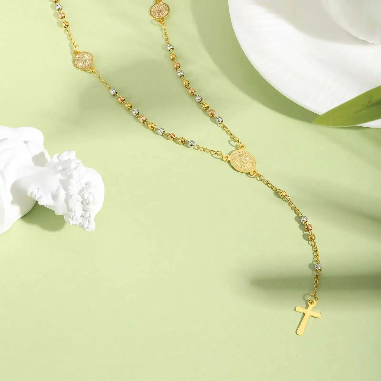 Prjewel Stainless Steel Three-Color Beaded Cross Pendant Y-Necklace | Faith-Inspired Fashion Jewelry