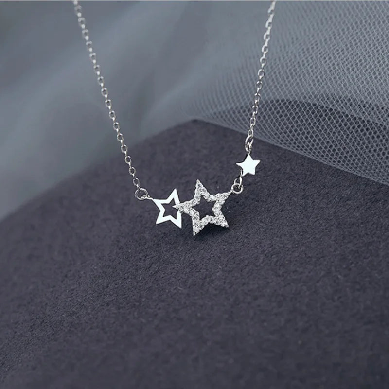 925 Silver Star Necklace for Women | Sweet Cute Zircon Pendant Choker