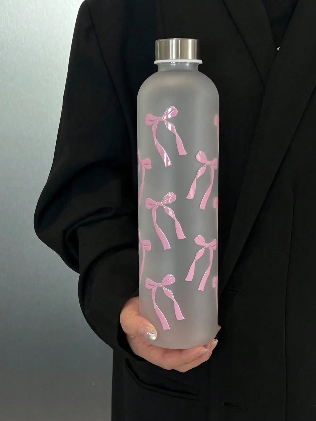 1000ml Matte Water Cup with Bow Print | Leakproof Stainless Steel Sports Bottle