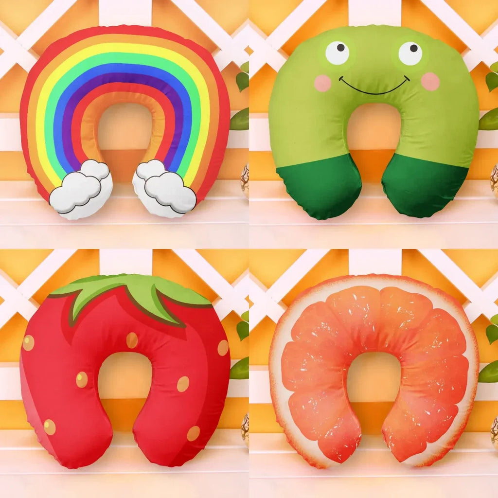 U Shaped Inflatable Neck Pillow | Fun Travel Cushion with Frog Strawberry Rainbow Design