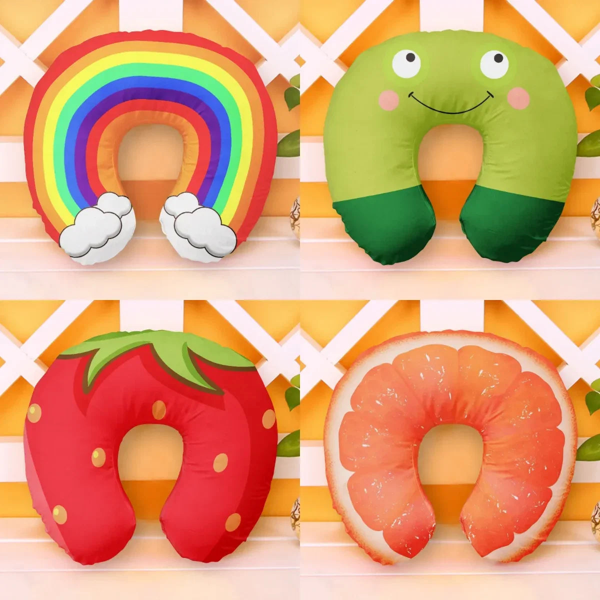 U Shaped Inflatable Neck Pillow | Fun Travel Cushion with Frog Strawberry Rainbow Design