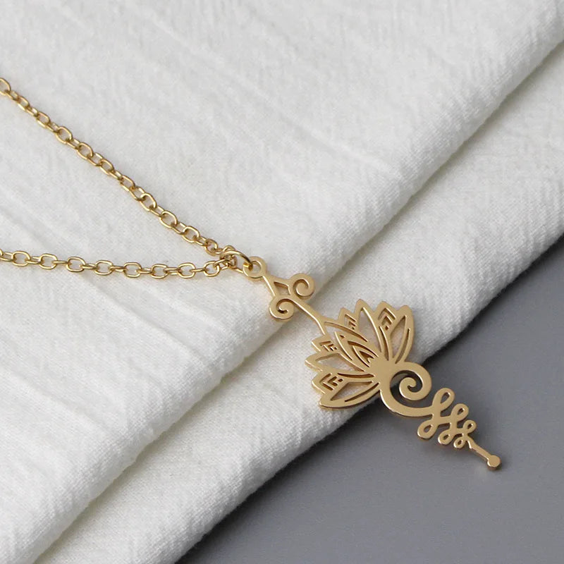 Stainless Steel Unalome Pendant Necklace | Yoga Jewelry with Lotus Flower