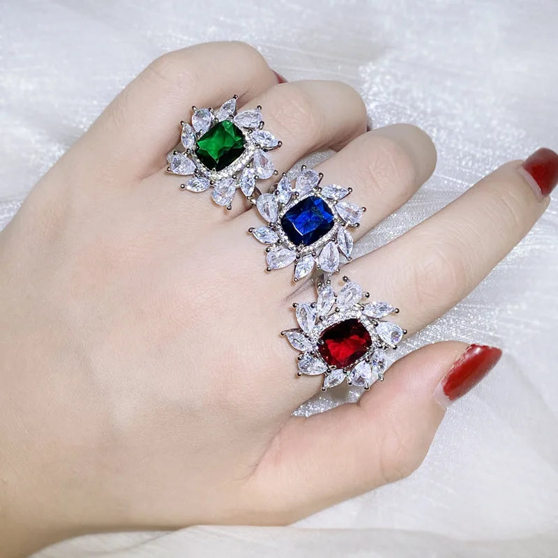 925 Silver Square Zircon Ring | Colorful Water Drop Cocktail Ring for Women