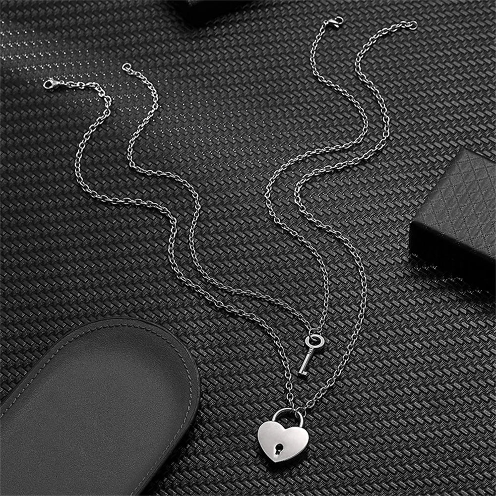 Romantic Couple Key and Heart Pendant Necklace Set | Stainless Steel Lovers Jewelry Gift