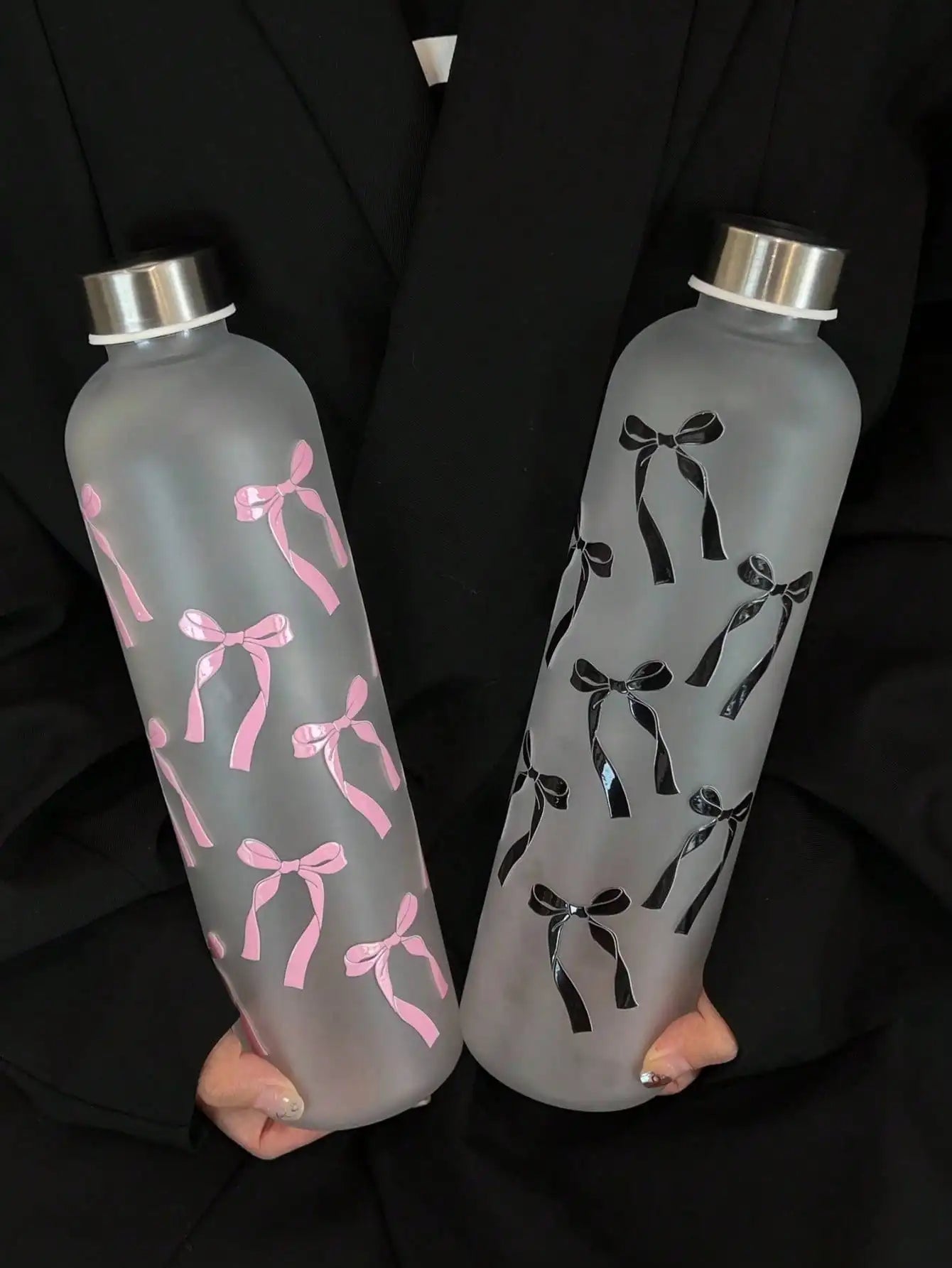 1000ml Matte Water Cup with Bow Print | Leakproof Stainless Steel Sports Bottle