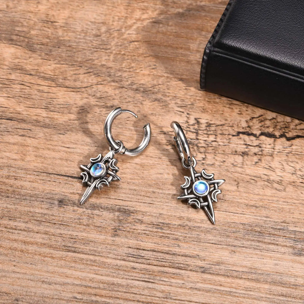 Stainless Steel Star and Moon Stone Earrings | Unisex Hoop Earrings Gift