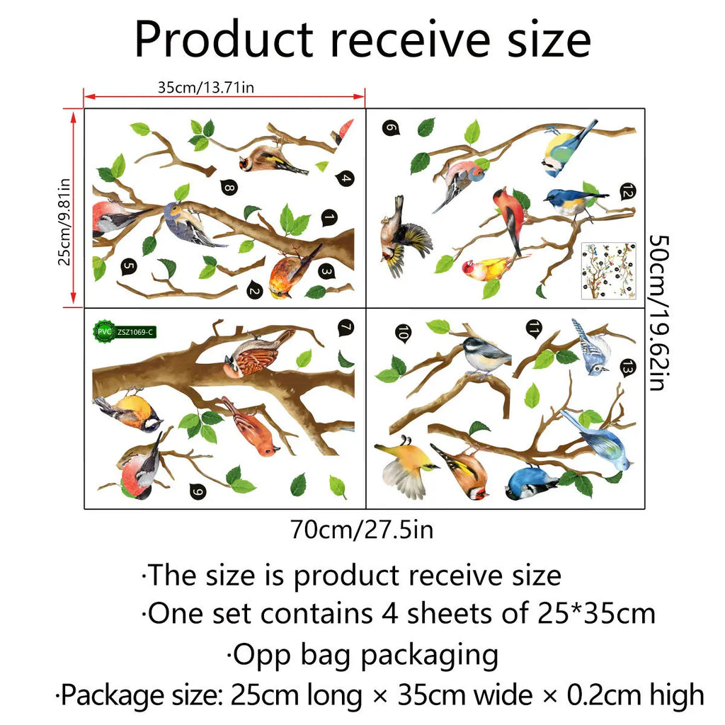 Colorful Birds on Branch Wall Decal | 4pcs Self-Adhesive PVC Art Sticker Set
