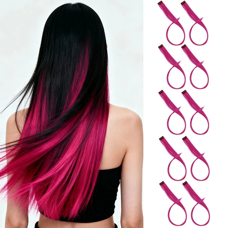 10pcs 22Inch Synthetic Long Straight Hair Extensions Clip in Colored Party Highlights Hairpieces for Women Kids Girls