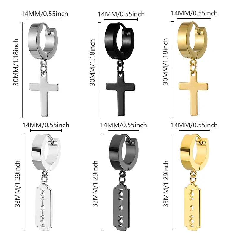 Black Cross Earrings for Men and Women | Stainless Steel Punk Stud Set