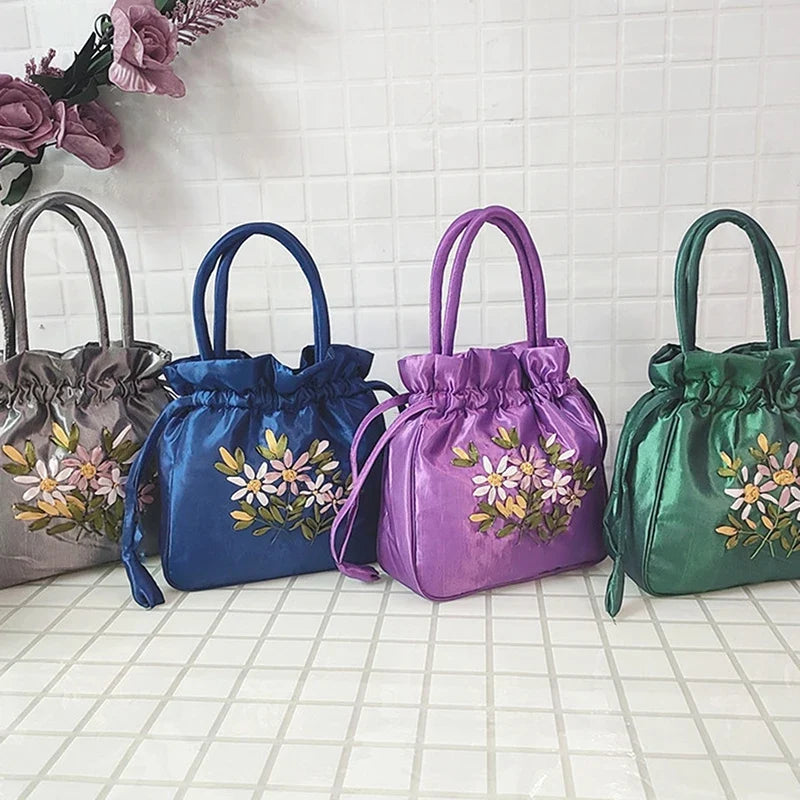 ZTBBAO Embroidered Flower Bucket Bag | Small Top Handle Handbag for Women
