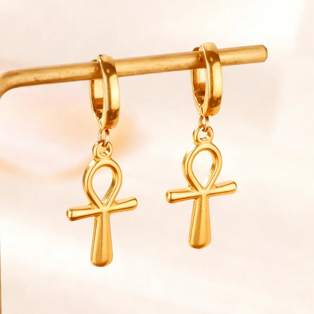 18K Gold Plated Portrait Coin Earrings | Stainless Steel Jesus Cross Dangle Huggie Earrings