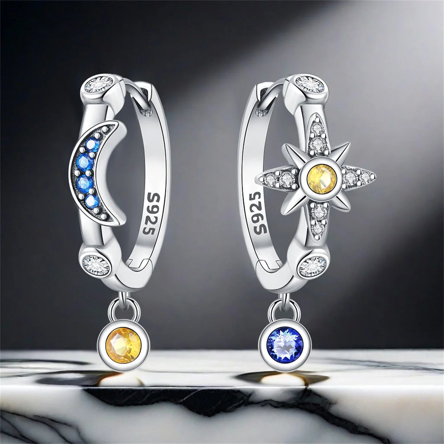 925 Sterling Silver Star Moon Hoop Earrings | Fine Jewelry Gift for Women