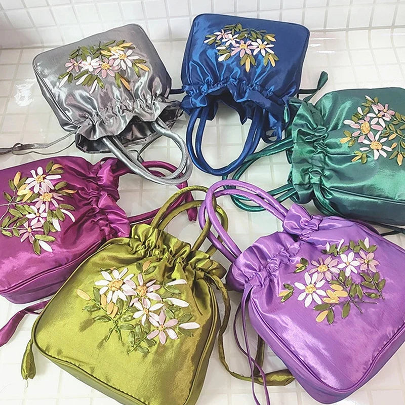 Small Embroidered Flower Bucket Bag | Women's Top Handle Drawstring Purse