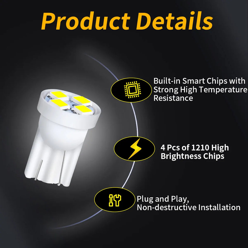 10Pcs T10 4SMD 1210 Blue LED Car Light Bulbs | High Brightness Plug and Play