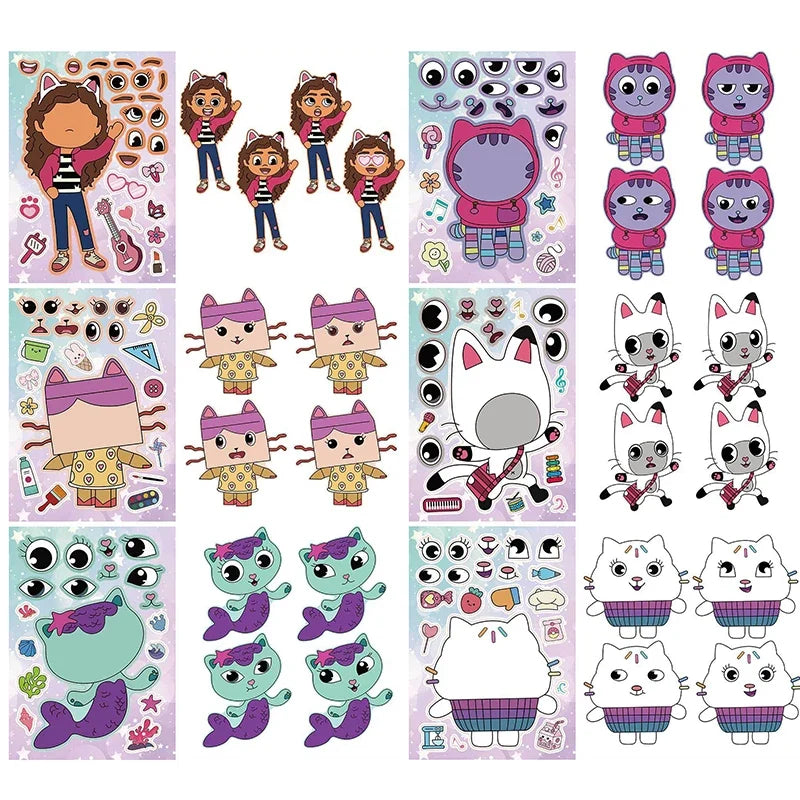 Gabby's Dollhouse Make A Face Puzzle Stickers | 6 Sheets DIY Cartoon Sticker Set