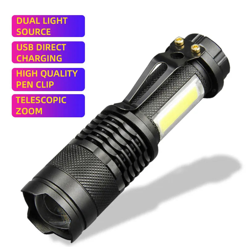Mini XPE COB LED Flashlight | Rechargeable Dual Light Source for Hiking Camping and Fishing