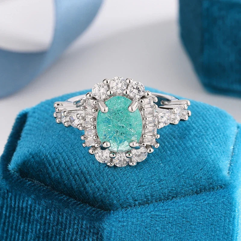 925 Silver Plated Paraiba Sapphire Oval Ring | Full Diamond Couple Band for Women
