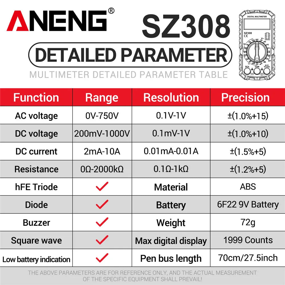 ANENG SZ308 Digital Multimeter | AC/DC Voltage Resistance Capacitance Tester